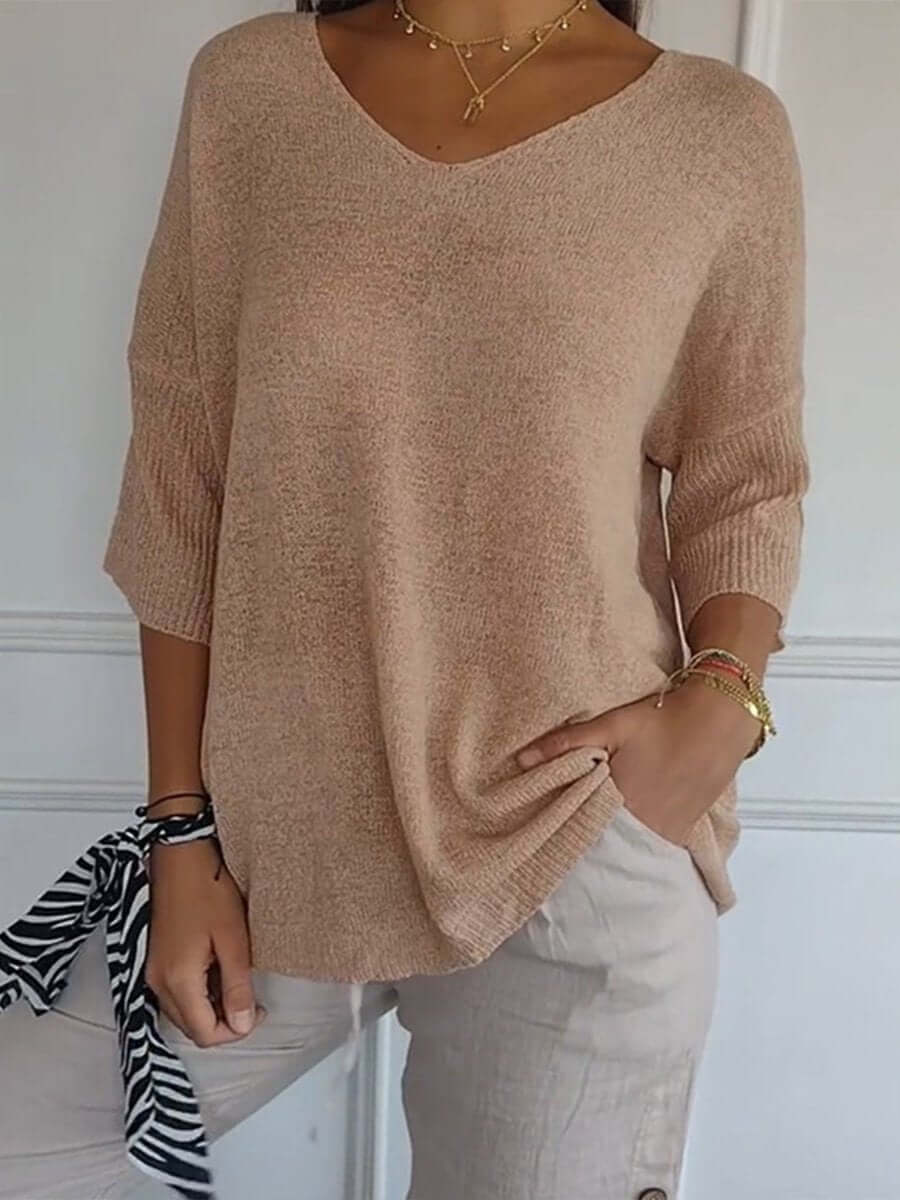 Gebreide blouse - Dames Trui met halve mouwen en losse V-hals-Boetiek Moda