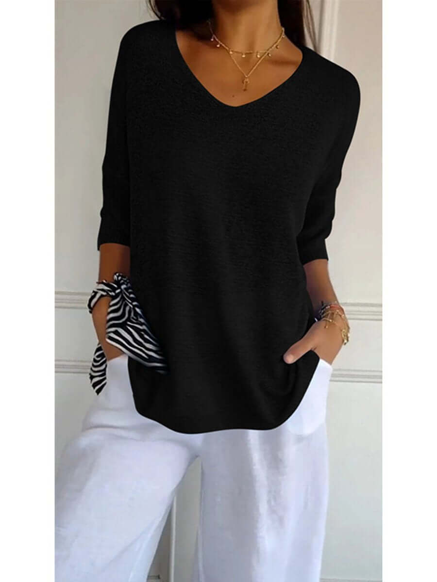 Gebreide blouse - Dames Trui met halve mouwen en losse V-hals-Boetiek Moda
