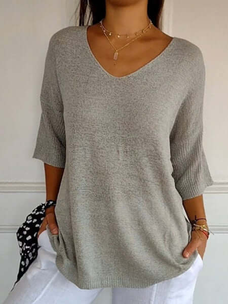 Gebreide blouse - Dames Trui met halve mouwen en losse V-hals-Boetiek Moda