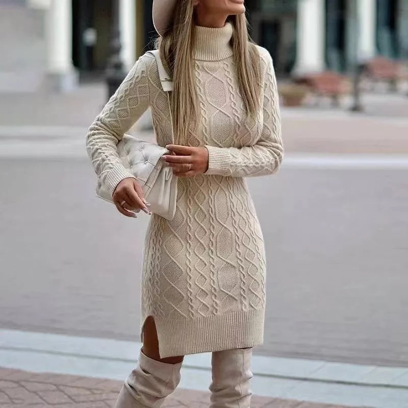 Gebreide jurk | Losse pasvorm | Lange mouwen | Jurk met col | Winterjurk-Boetiek Moda