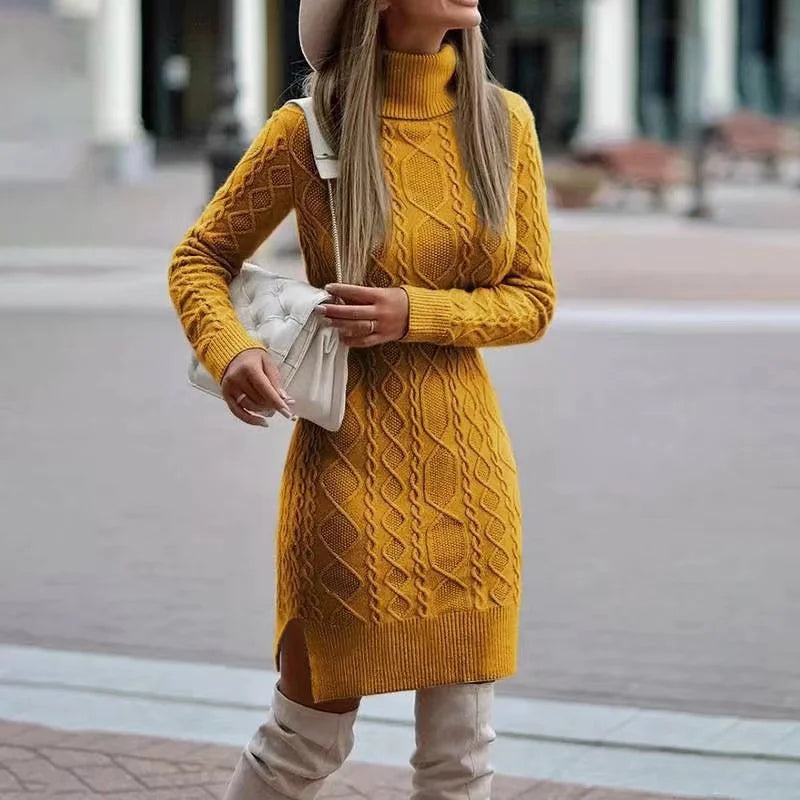 Gebreide jurk | Losse pasvorm | Lange mouwen | Jurk met col | Winterjurk-Boetiek Moda