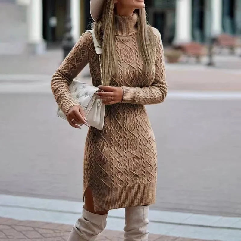 Gebreide jurk | Losse pasvorm | Lange mouwen | Jurk met col | Winterjurk-Boetiek Moda