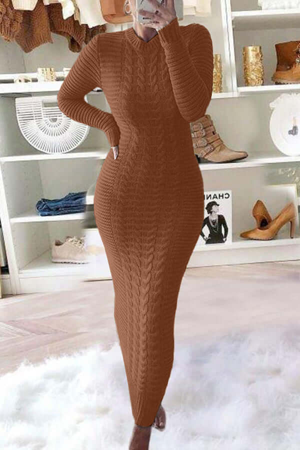 Gebreide maxi-jurk - Lange mouwen - Bodycon - Jumper Maxi-jurk - Damesbreigoed-Boetiek Moda