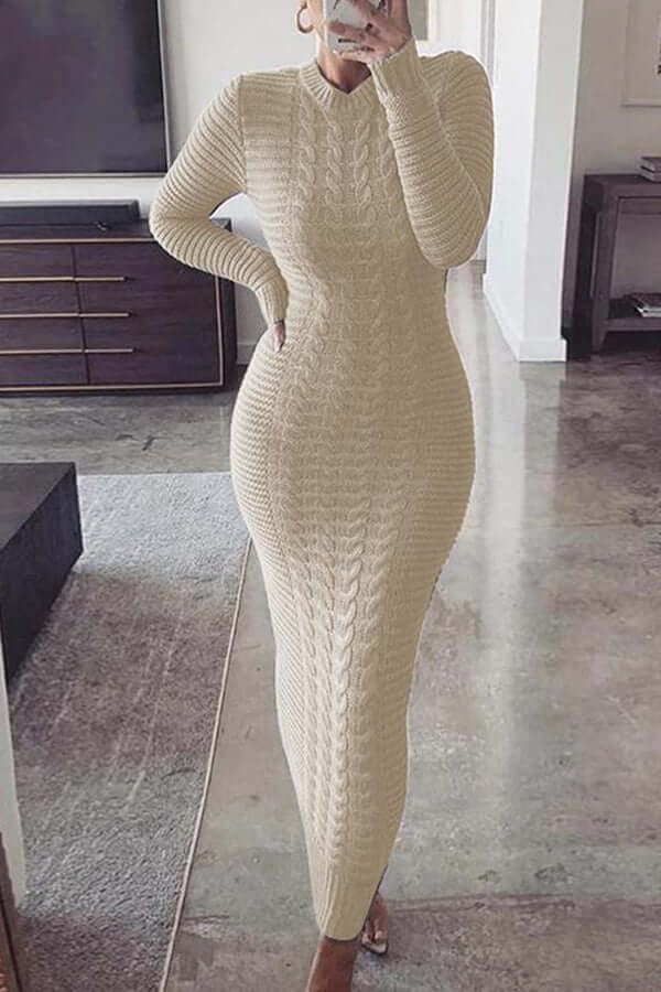 Gebreide maxi-jurk - Lange mouwen - Bodycon - Jumper Maxi-jurk - Damesbreigoed-Boetiek Moda