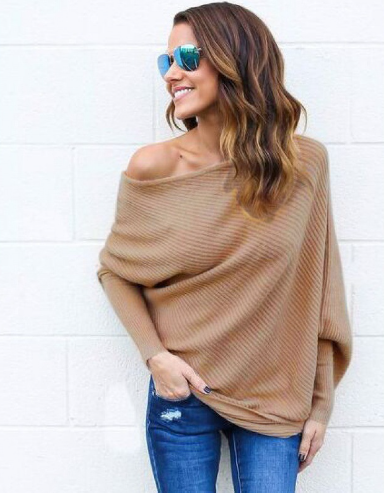 Gebreide trui | Batmouw | Los model | Off-Shoulder trui | Dameskleding-Boetiek Moda