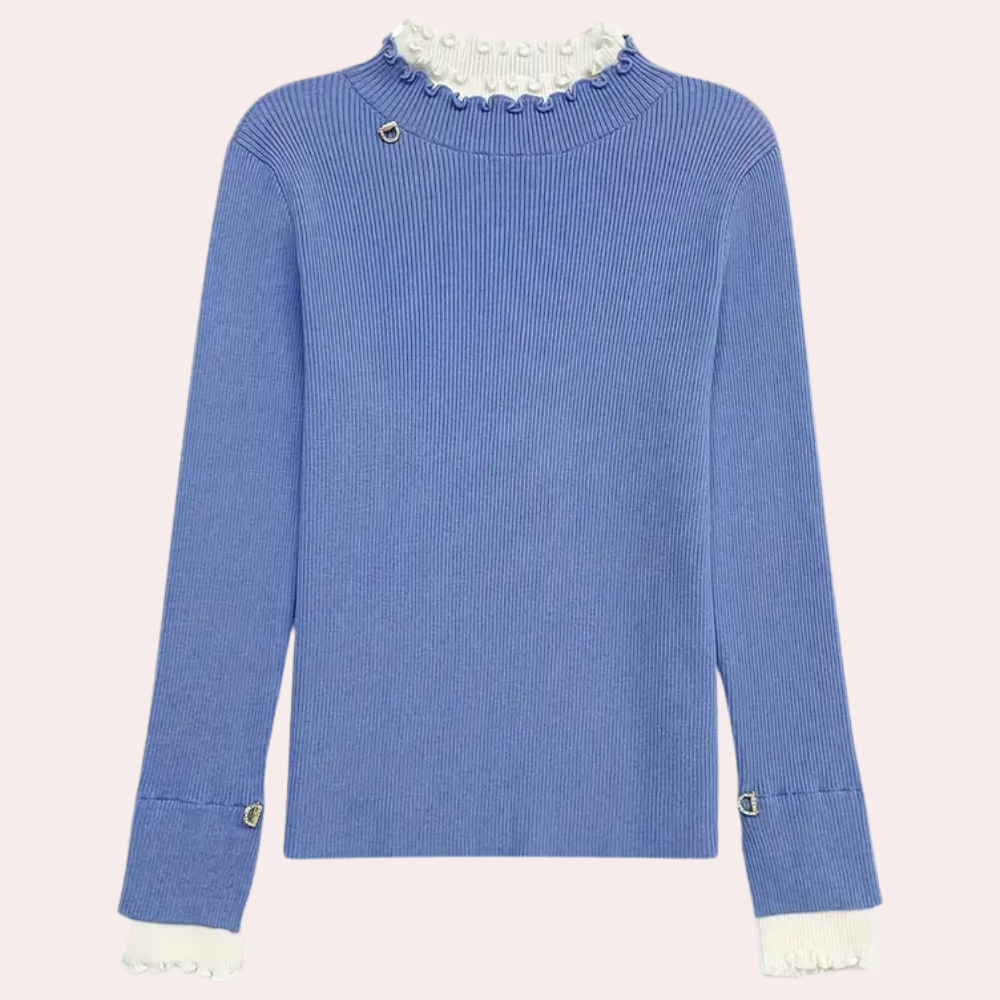 Gebreide trui | Ribbelsteek | Blauw | Trui met hoge hals | Dameskleding-Boetiek Moda