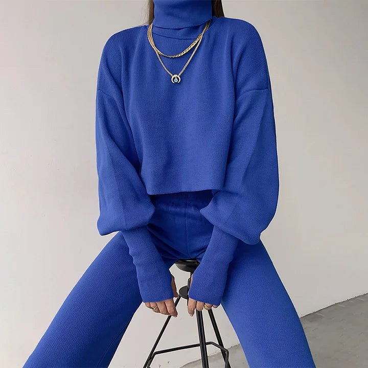 Gebreide tweedelige set - Dames Turtleneck High Waisted Broek met wijde pijpen Co-Ord Set-Boetiek Moda