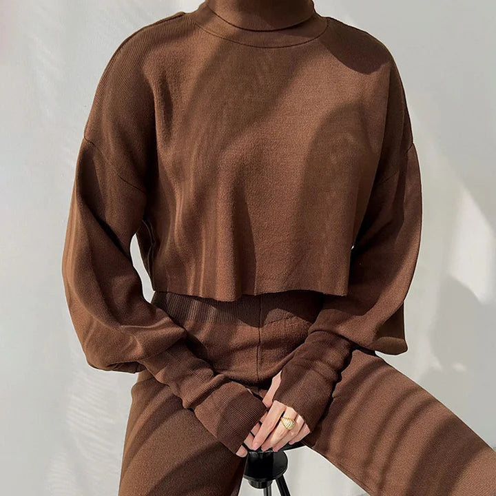 Gebreide tweedelige set - Dames Turtleneck High Waisted Broek met wijde pijpen Co-Ord Set-Boetiek Moda