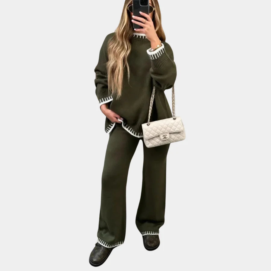 Gebreide tweedelige set | Losjes vallend | Wijde pijpen | Gebreide loungewear set | Winterkleding voor dames-Boetiek Moda