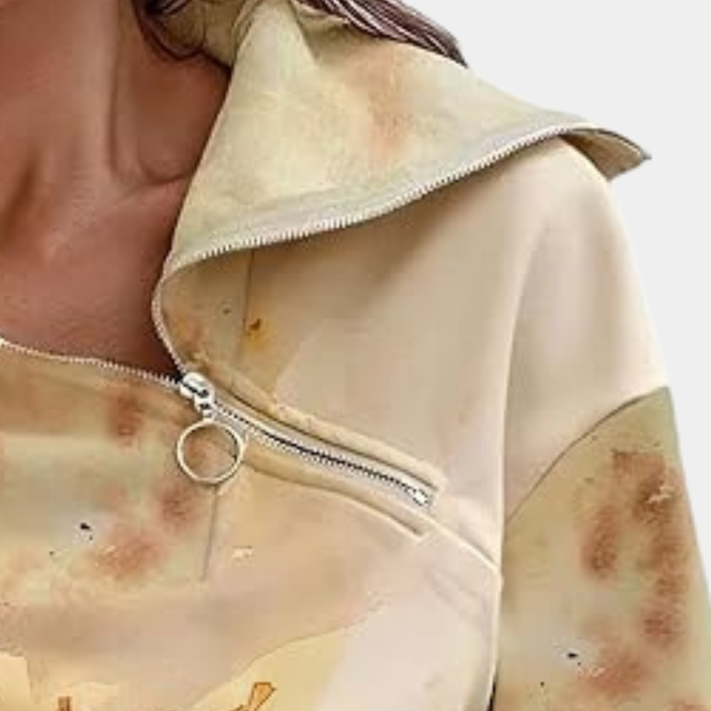 Geel Sweatshirt - Bladprint - Ritssluiting - Trui - Dameskleding-Boetiek Moda