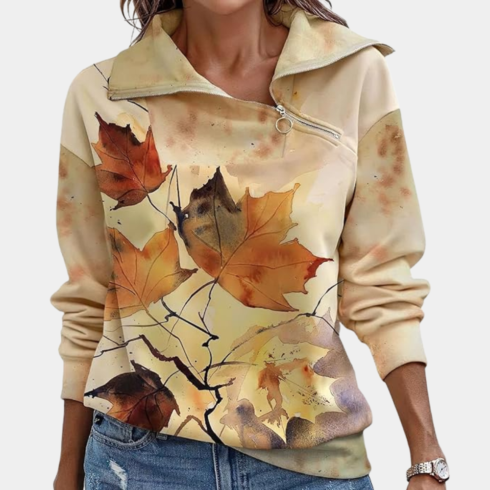 Geel Sweatshirt - Bladprint - Ritssluiting - Trui - Dameskleding-Boetiek Moda
