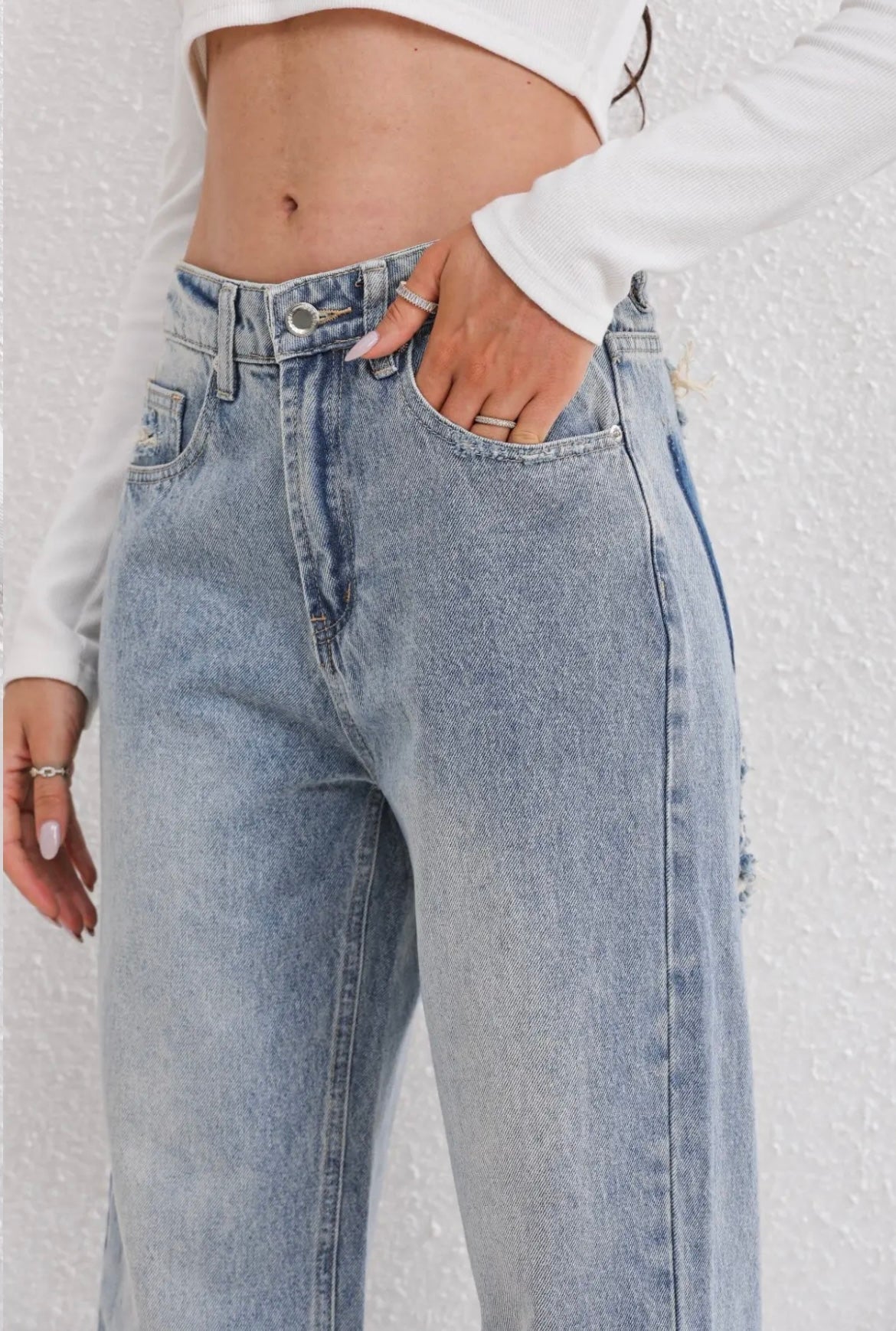 Gescheurde jeans - Hoge taille - Losse pasvorm - Jeans met wijde pijpen - Dames Jeans-Boetiek Moda
