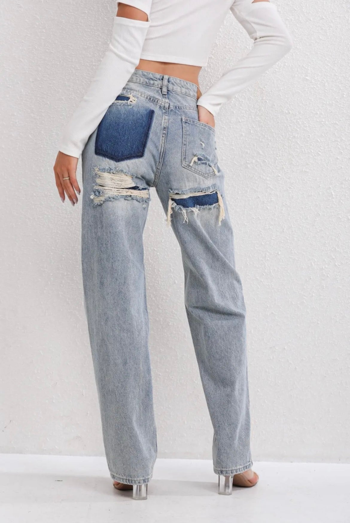 Gescheurde jeans - Hoge taille - Losse pasvorm - Jeans met wijde pijpen - Dames Jeans-Boetiek Moda