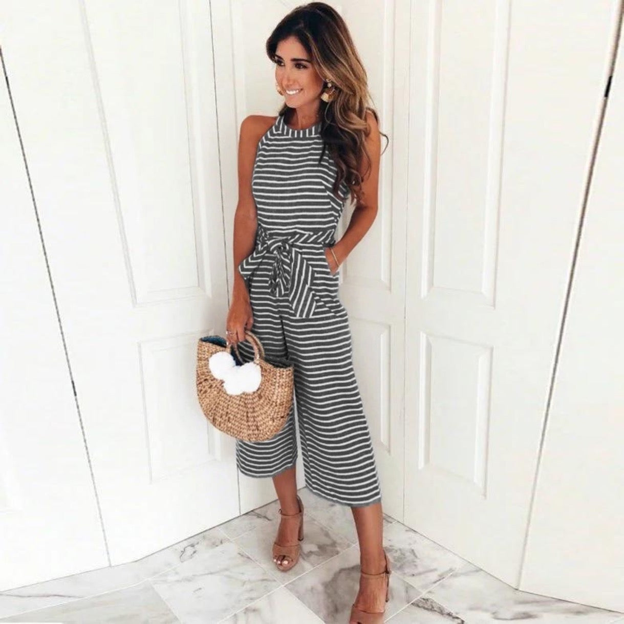 Gestreepte Jumpsuit - Mouwloos - Ceintuur - Zomer jumpsuit - Dameskleding-Boetiek Moda