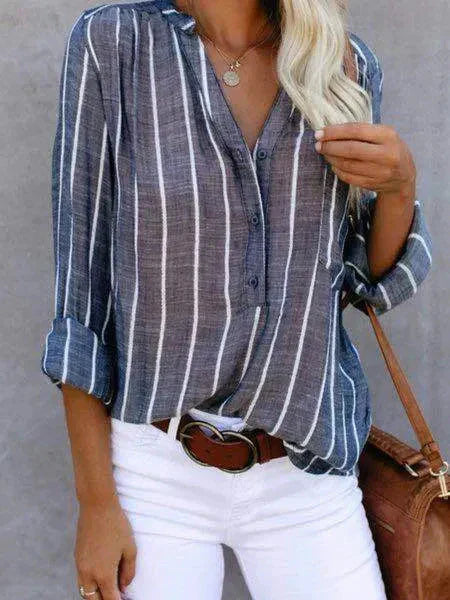 Gestreepte blouse | Lange mouwen | Losse pasvorm | Blouse met knopen | Damesblouses-Boetiek Moda