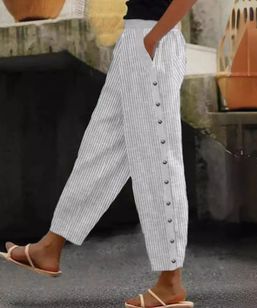 Gestreepte broek | Casual | Knoop aan de zijkant | Losvallende broek | Damesbroek-Boetiek Moda