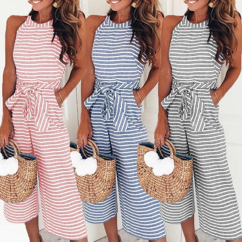 Gestreepte jumpsuit - Mouwloos - Tailleband - Jumpsuit met wijde pijpen - Zomerkleding voor dames-Boetiek Moda