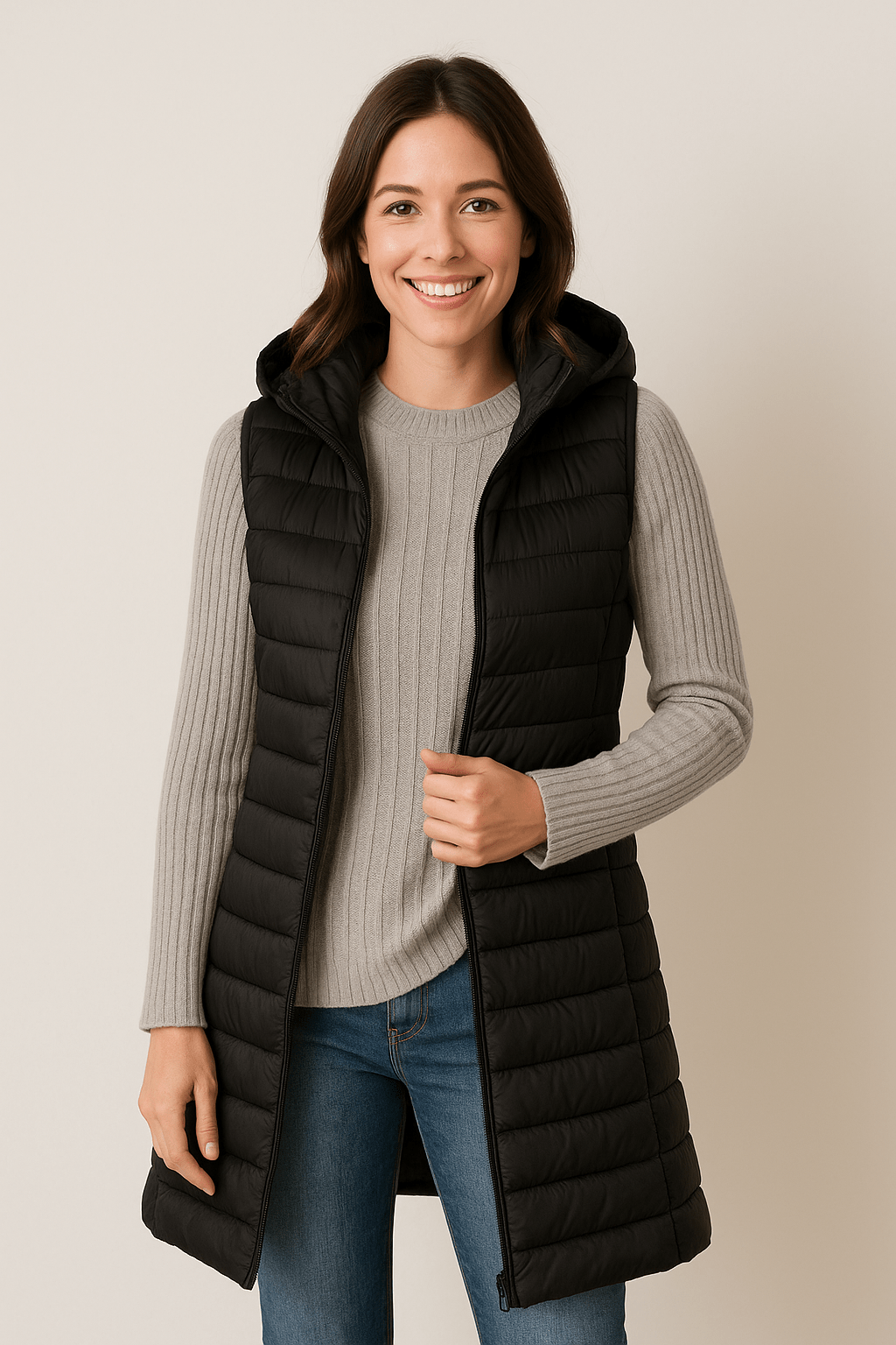 Gewatteerd damesvest - Lang - Capuchon - Donzen Gilet - Bodywarmer-Boetiek Moda