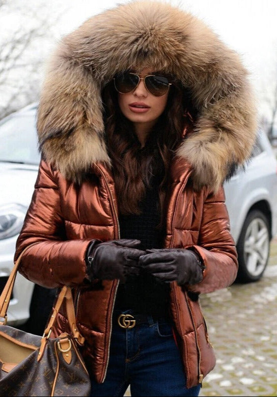 Gewatteerde jas - Glanzend - Ritssluiting - Jas met bontkraag - Winterjas voor dames-Boetiek Moda