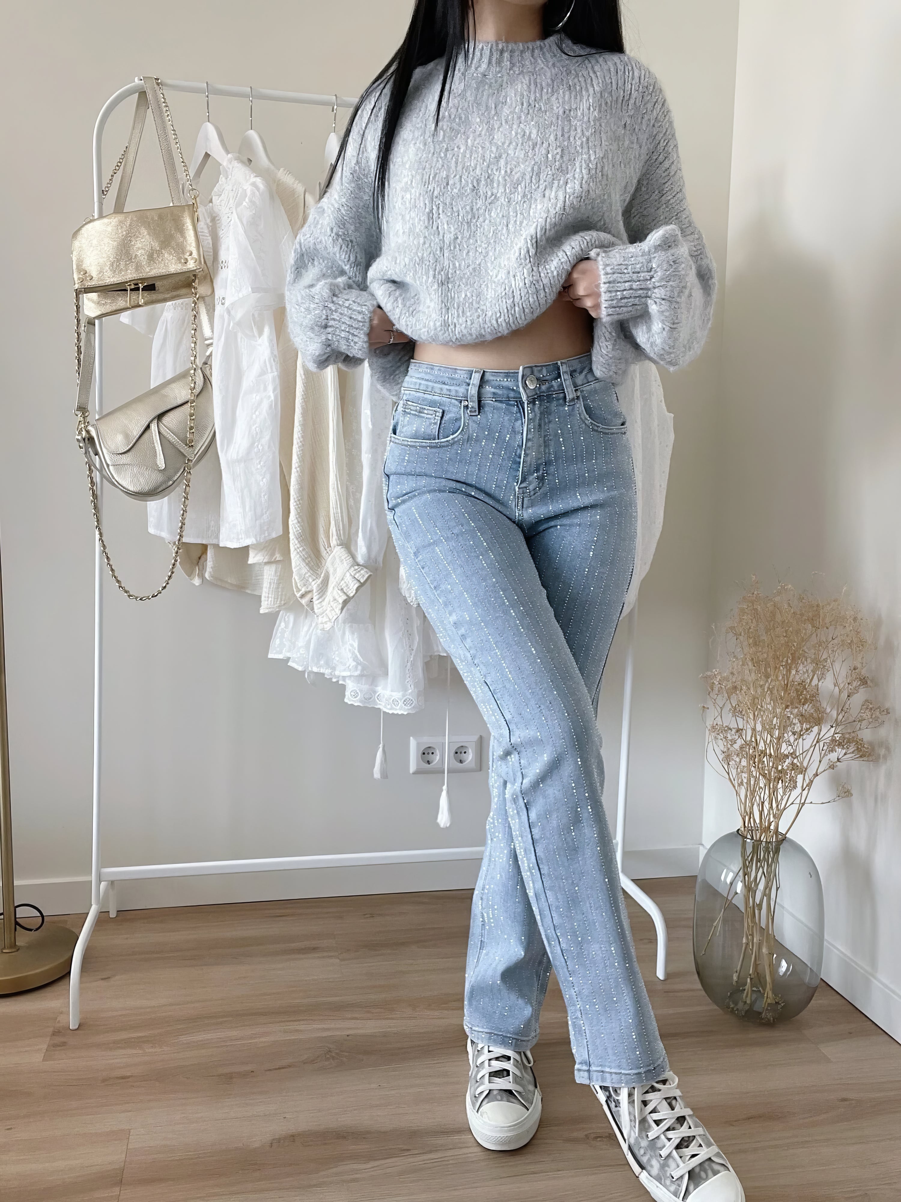 Glitterjeans - Damesjeans met hoge taille en rechte pijpen in lichtblauw-Boetiek Moda