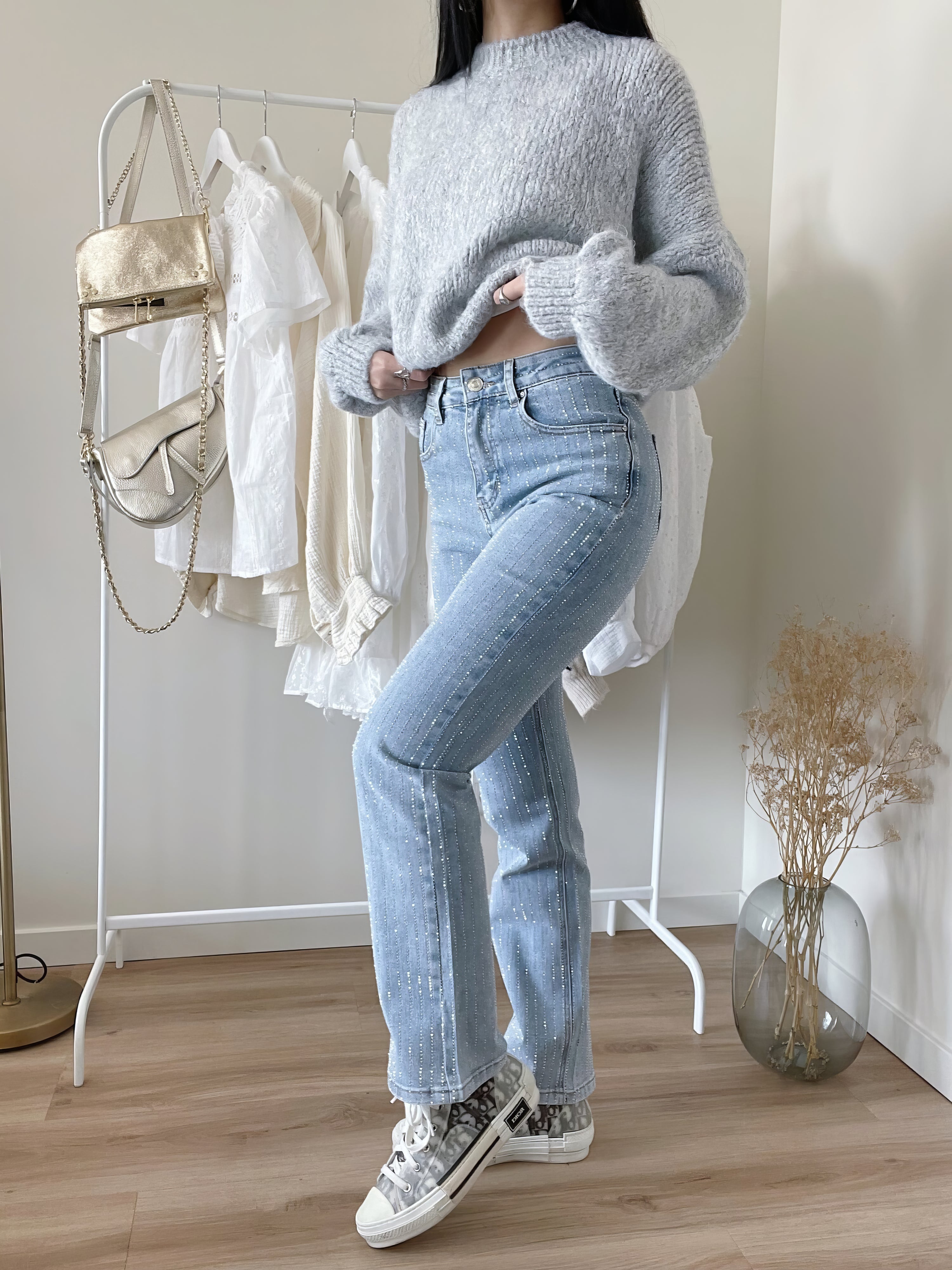 Glitterjeans - Damesjeans met hoge taille en rechte pijpen in lichtblauw-Boetiek Moda