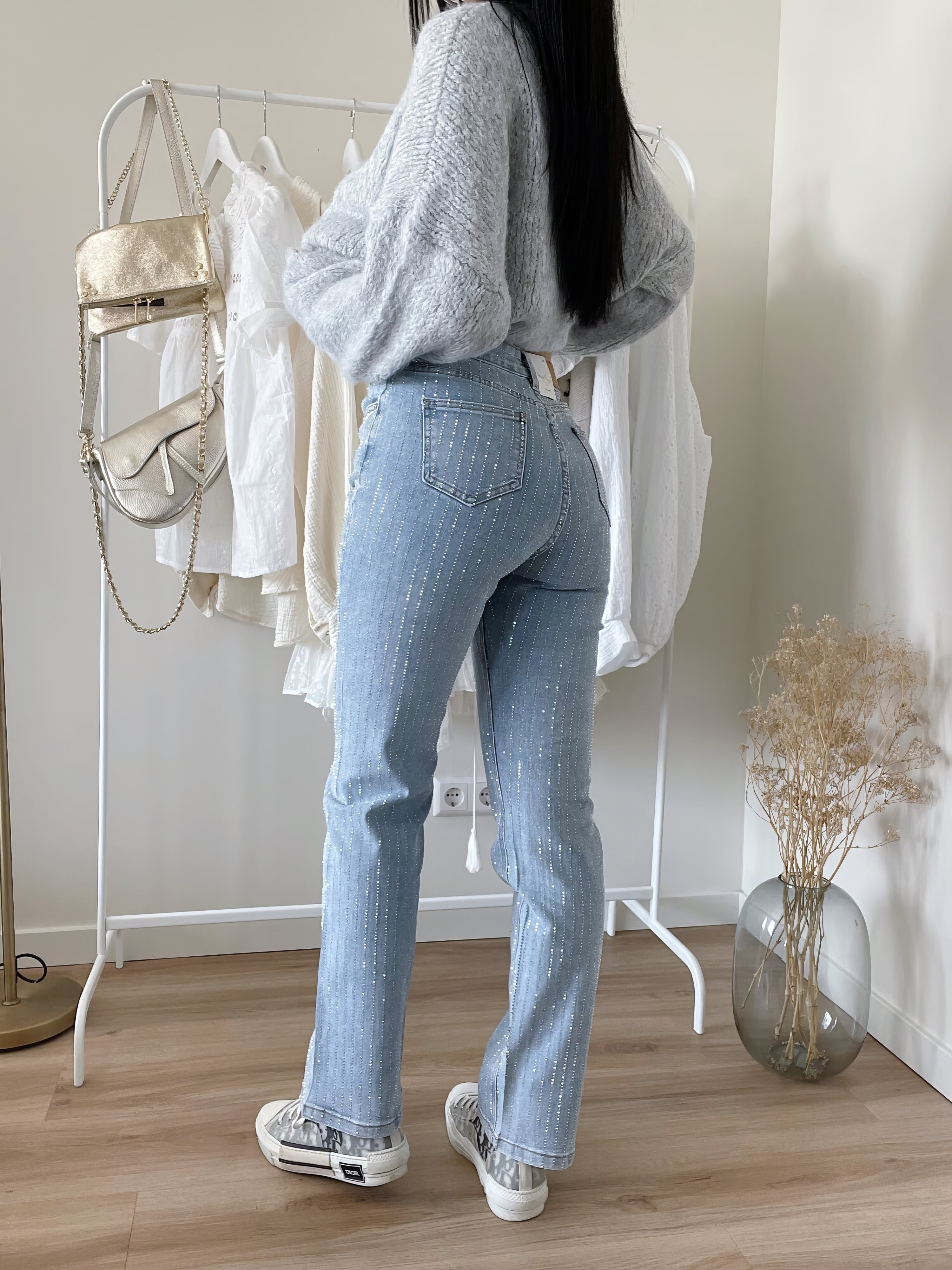 Glitterjeans - Damesjeans met hoge taille en rechte pijpen in lichtblauw-Boetiek Moda