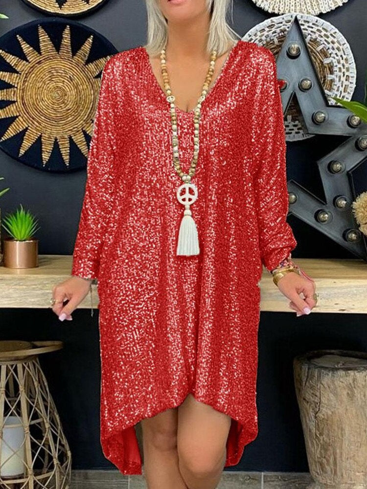 Glitterjurk | Lange Mouw | Losse Pasvorm | Losse Paillettenjurk | Feestjurk-Boetiek Moda