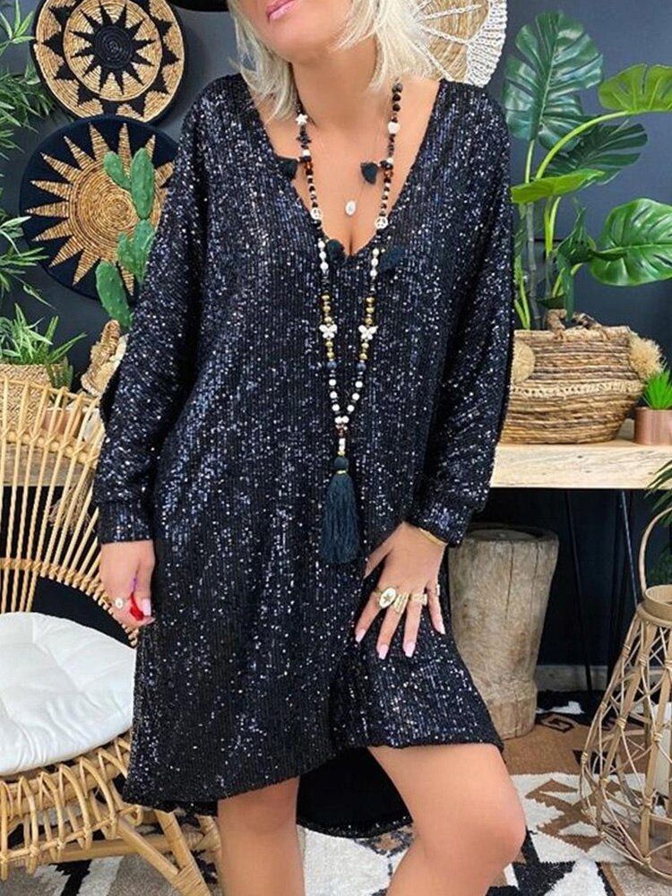 Glitterjurk | Lange Mouw | Losse Pasvorm | Losse Paillettenjurk | Feestjurk-Boetiek Moda