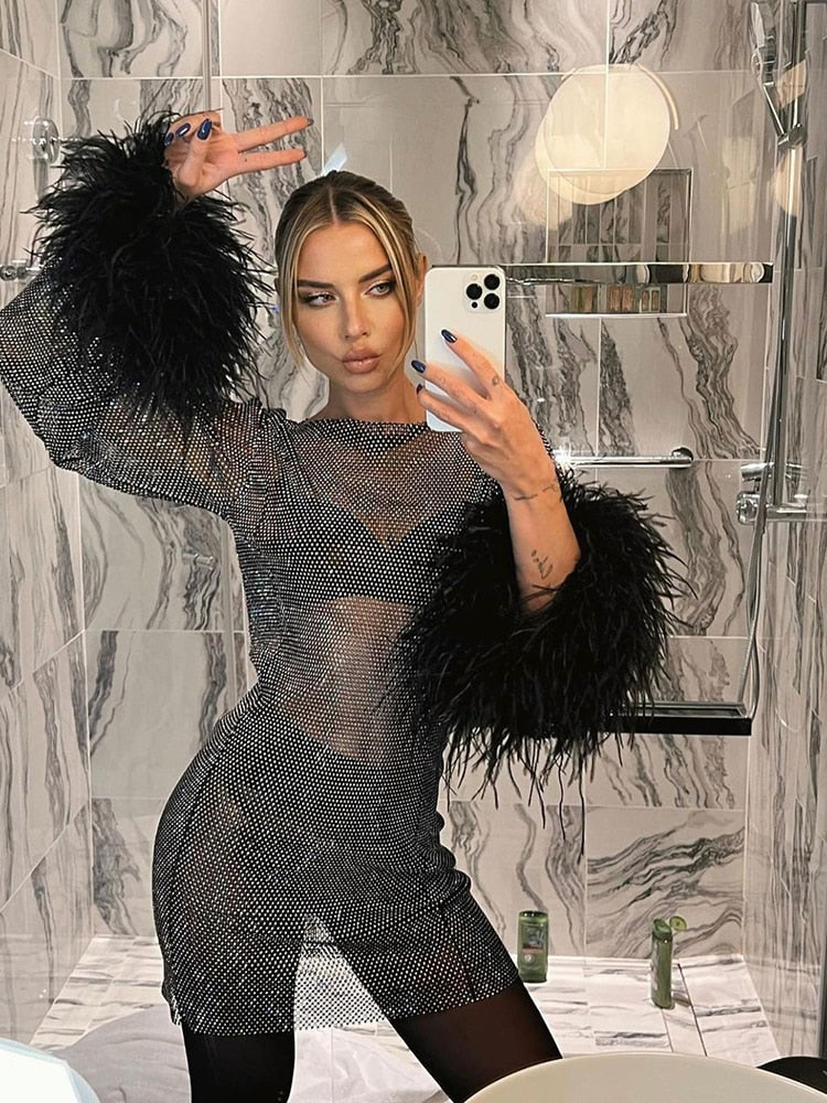 Glitterjurk - Transparante mini-feestjurk met lange mouwen voor dames-Boetiek Moda