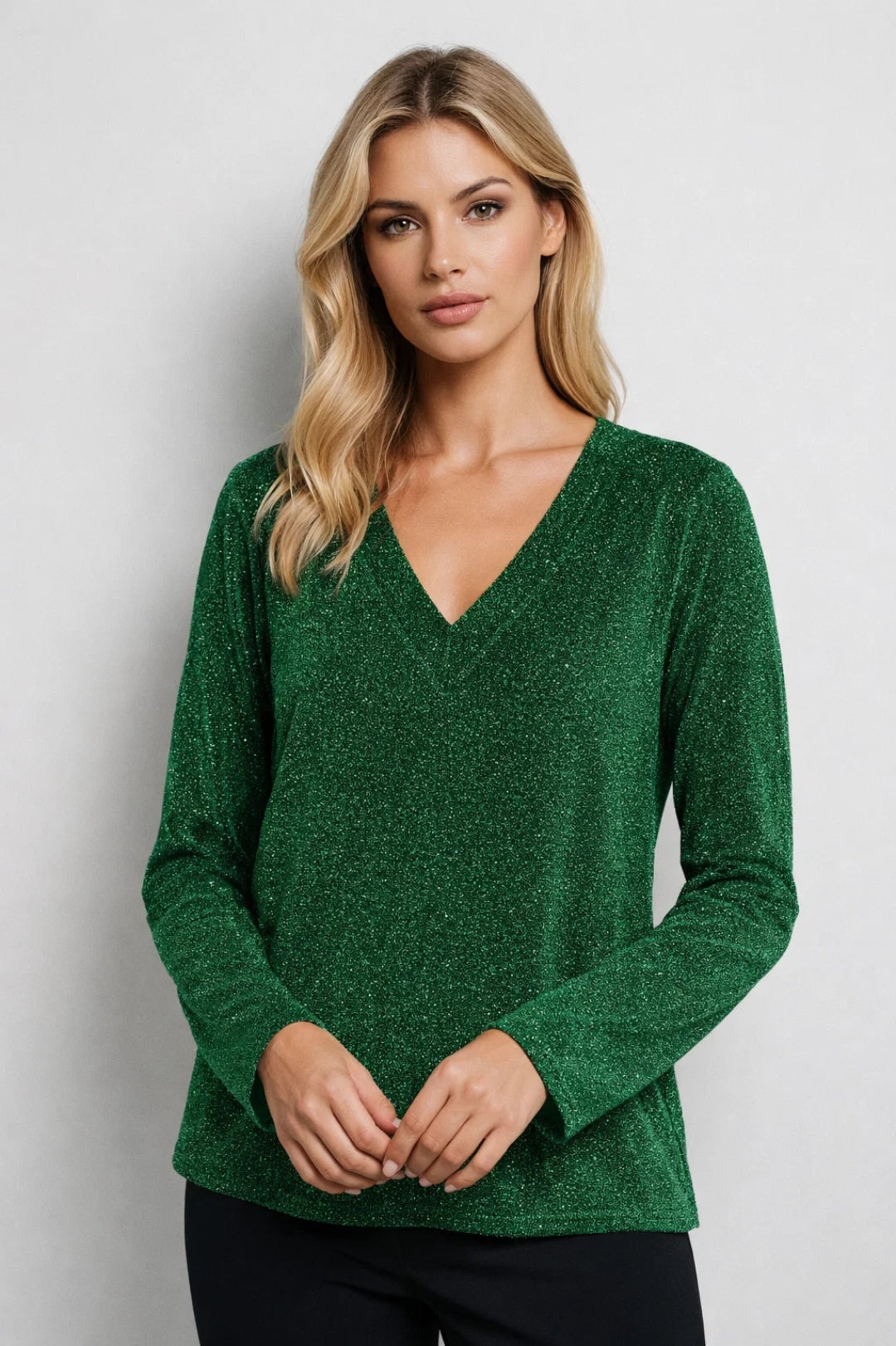 Groene blouse - Losse mouwen - Glitter - Blouse met V-hals - Dameskleding-Boetiek Moda