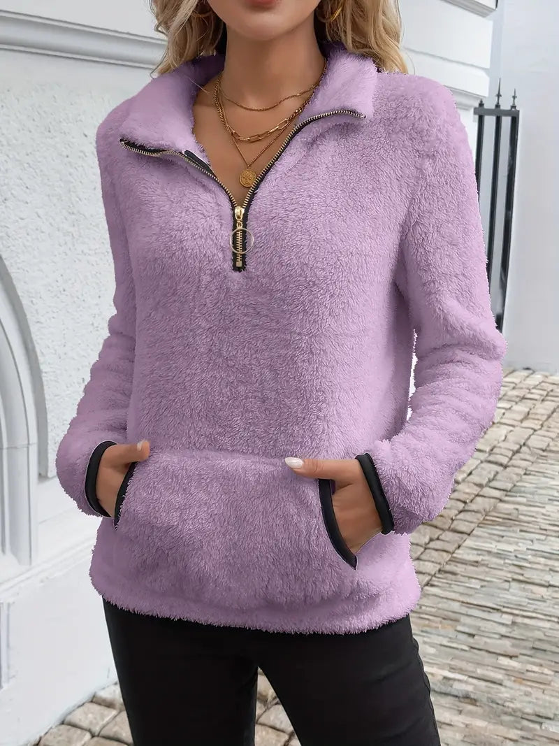 Half-Zip Pullover - Dames Plush Quarter-Zip Fleece Sweater-Boetiek Moda