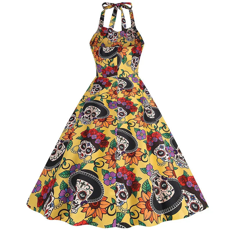 Halloween Jurk - Mouwloze Midi Schedeljurk voor dames tijdens Halloween-Boetiek Moda