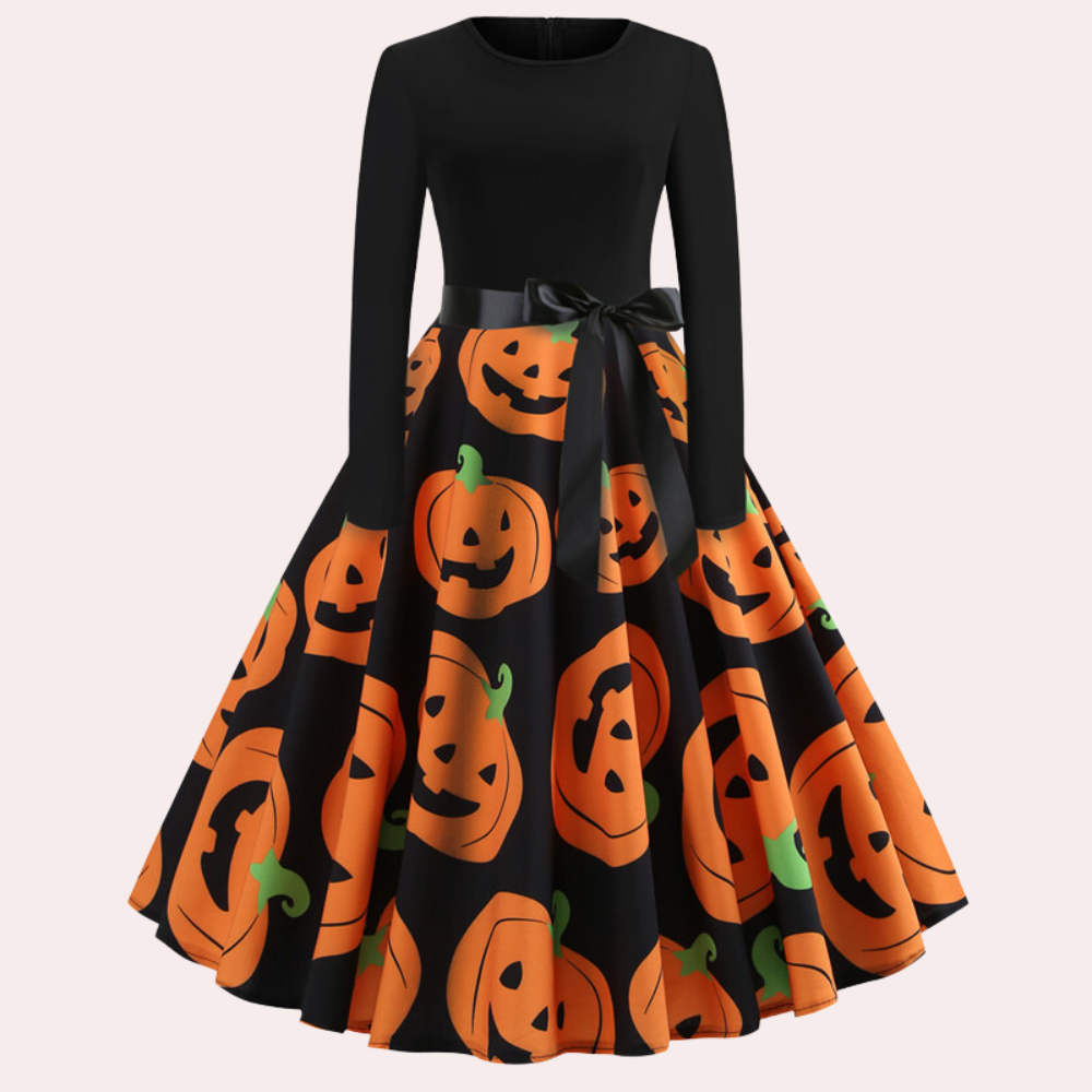 Halloween-jurk | Pompoenprint | Lange mouwen | A-lijn jurk | Damesjurk-Boetiek Moda