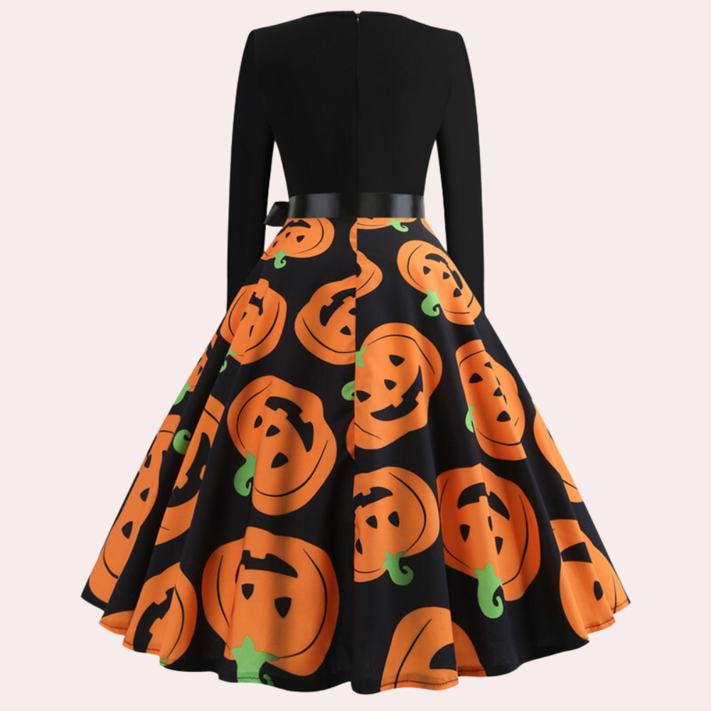 Halloween-jurk | Pompoenprint | Lange mouwen | A-lijn jurk | Damesjurk-Boetiek Moda
