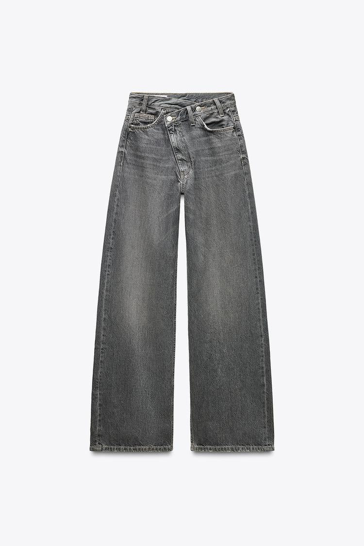 Jeans met wijde pijpen - Dames spijkerbroek met hoge taille en losse pasvorm met asymmetrische tailleband-Boetiek Moda