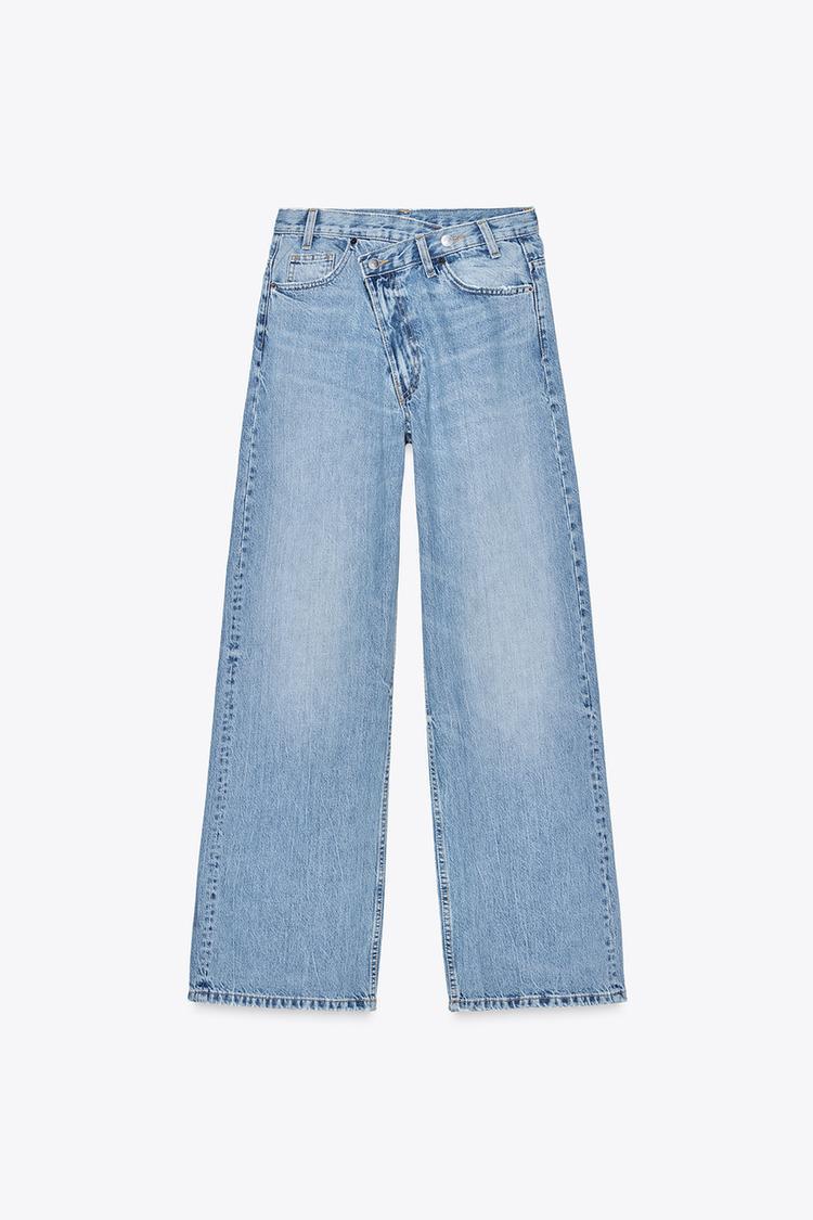 Jeans met wijde pijpen - Dames spijkerbroek met hoge taille en losse pasvorm met asymmetrische tailleband-Boetiek Moda