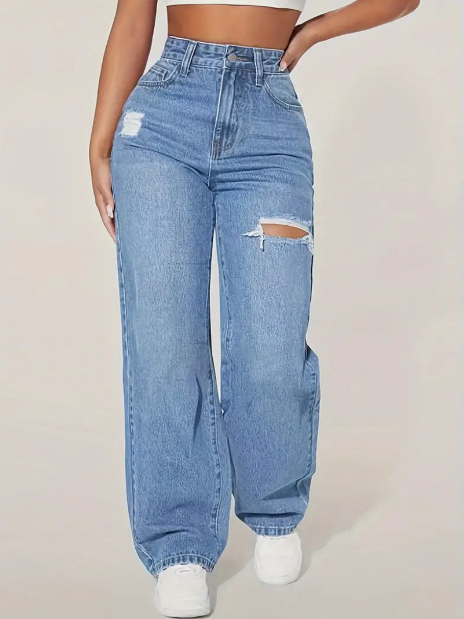 Jeans met wijde pijpen - Damesjeans met hoge taille en gescheurde jeans-Boetiek Moda