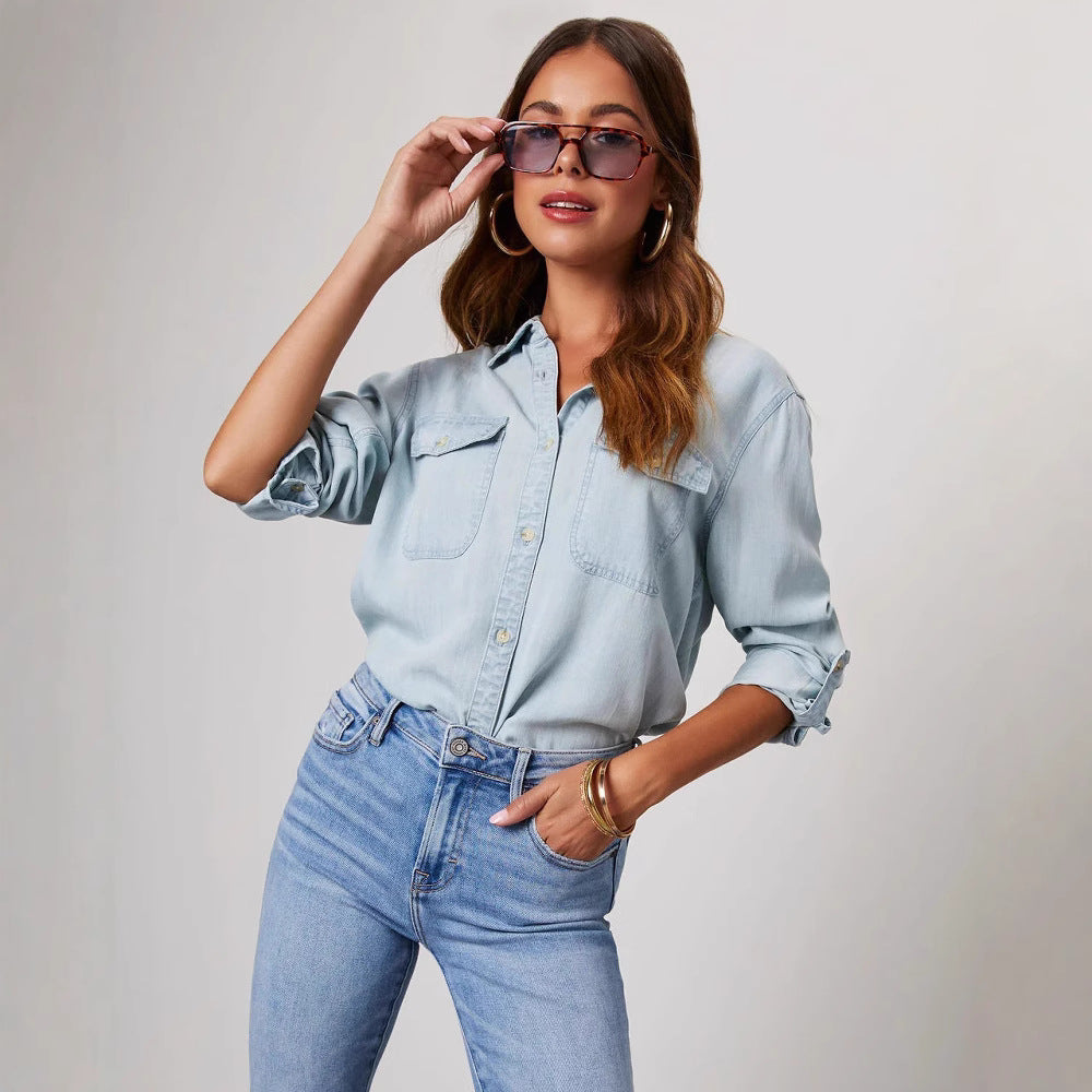 Jeanshemd – Casual shirt met lange mouwen en knopen voor dames-Boetiek Moda