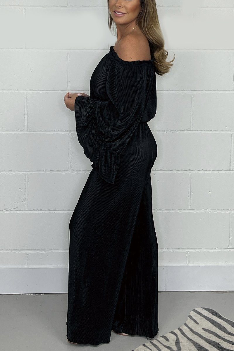 Jumpsuit fluweel | Lange Mouwen | Wijde Pijpen | Off-Shoulder Jumpsuit | Dameskleding-Boetiek Moda