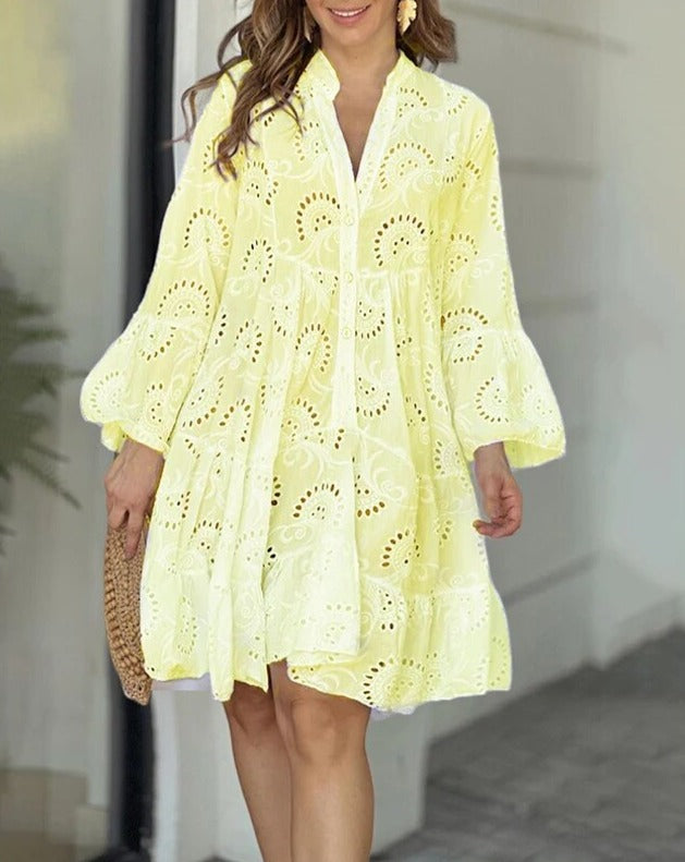 Jurk met Oogjes | Losse pasvorm | Lange mouwen | Korte jurk | Zomerjurk-Boetiek Moda