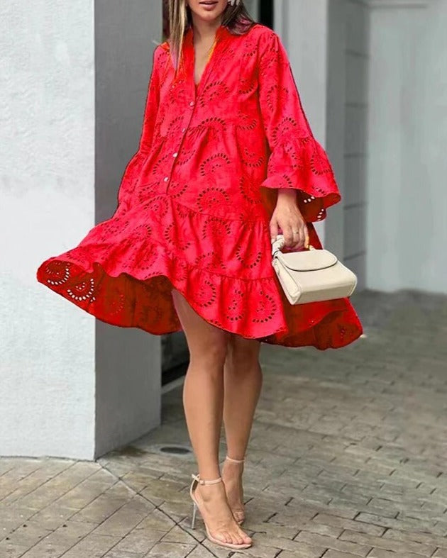 Jurk met Oogjes | Losse pasvorm | Lange mouwen | Korte jurk | Zomerjurk-Boetiek Moda