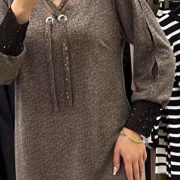 Jurk met lange mouwen - Los model - Lantaarnmouw - Midi-jurk - Jurk met V-hals-Boetiek Moda