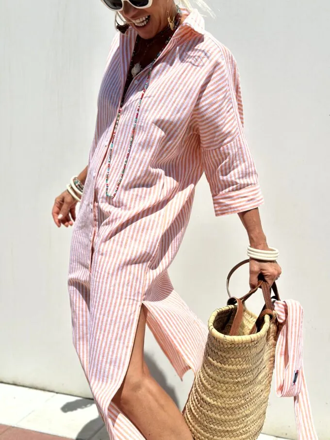 Jurk met overhemd | Button-Up | Lange Mouwen | Midi Jurk | Gestreepte Jurk-Boetiek Moda