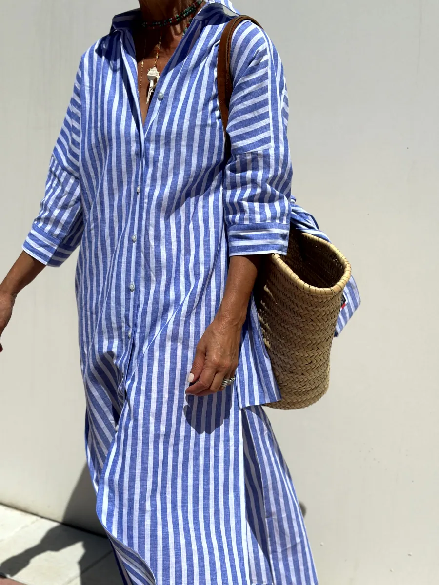 Jurk met overhemd | Button-Up | Lange Mouwen | Midi Jurk | Gestreepte Jurk-Boetiek Moda