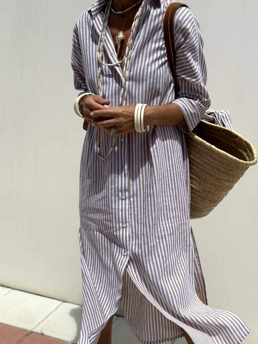 Jurk met overhemd | Button-Up | Lange Mouwen | Midi Jurk | Gestreepte Jurk-Boetiek Moda