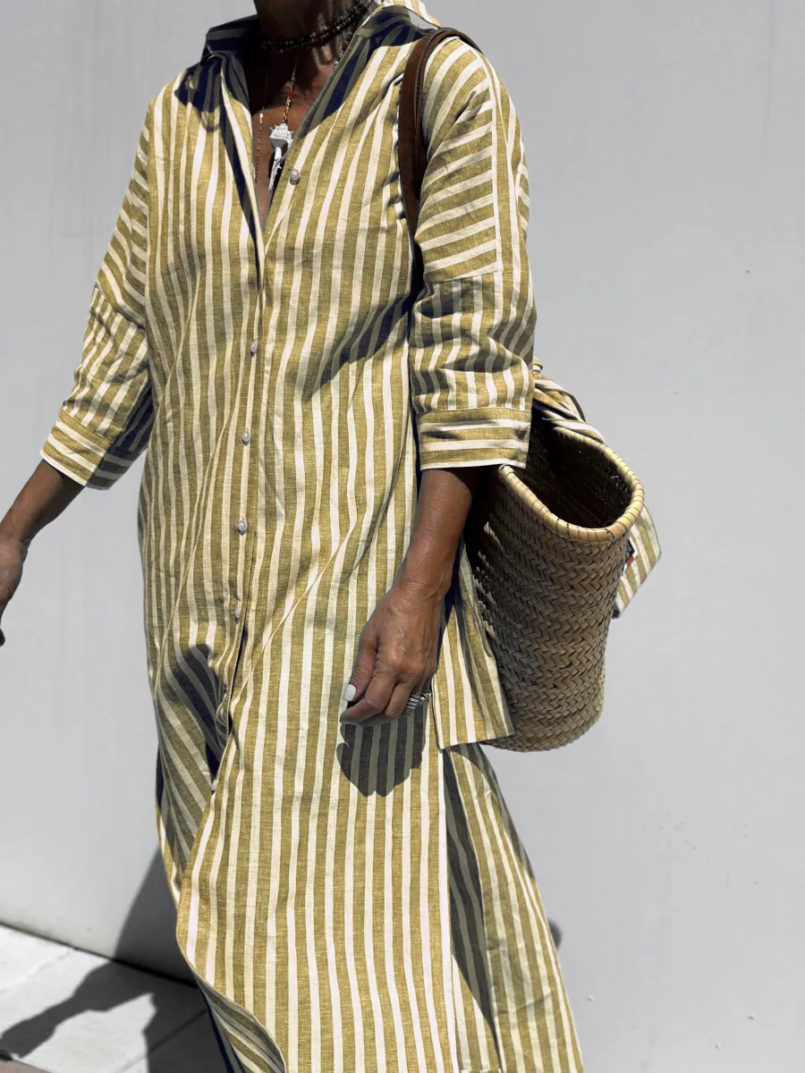 Jurk met overhemd | Button-Up | Lange Mouwen | Midi Jurk | Gestreepte Jurk-Boetiek Moda