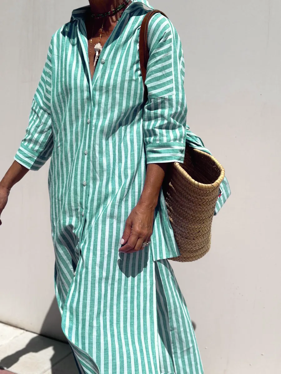 Jurk met overhemd | Button-Up | Lange Mouwen | Midi Jurk | Gestreepte Jurk-Boetiek Moda