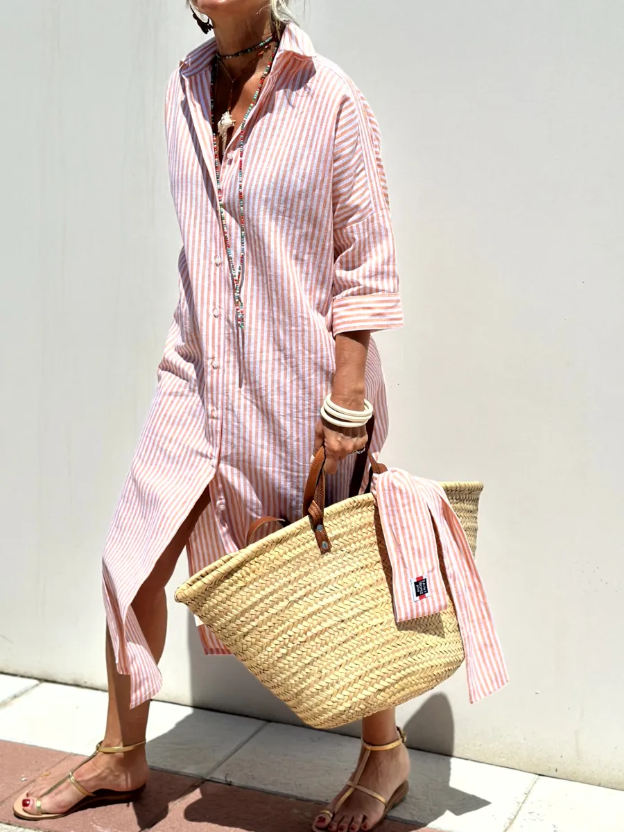 Jurk met overhemd | Button-Up | Lange Mouwen | Midi Jurk | Gestreepte Jurk-Boetiek Moda