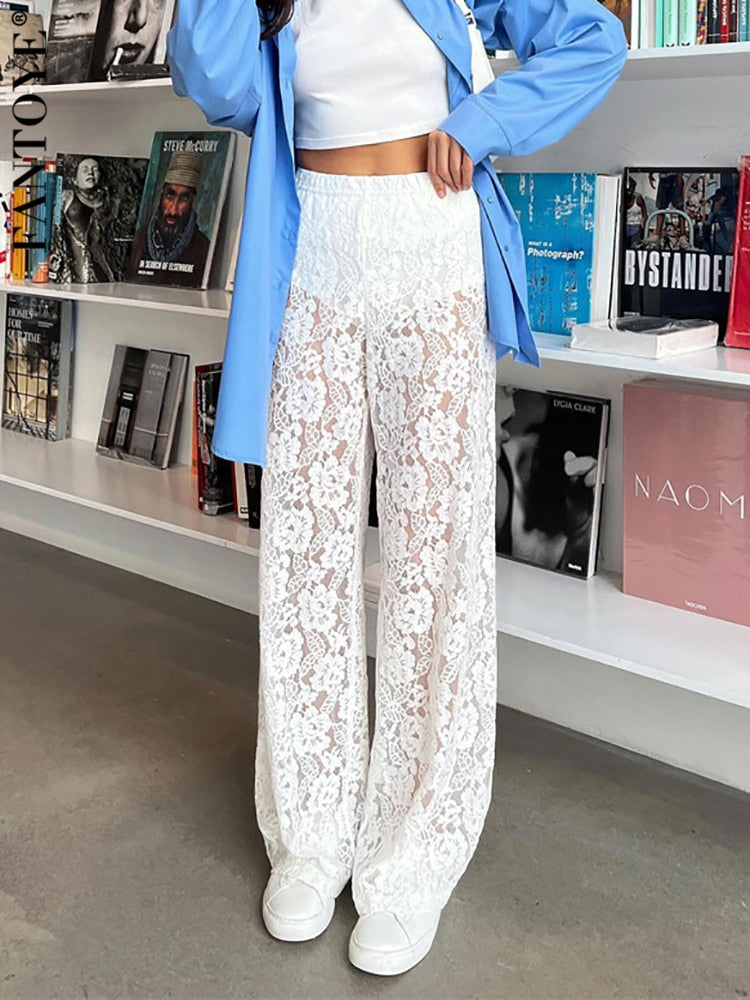 Kanten broek - Hoge taille - Wijde pijpen - Doorkijkbroek met kant - Damesbroek-Boetiek Moda
