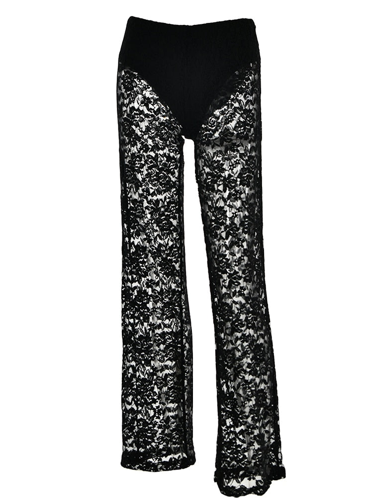 Kanten broek - Hoge taille - Wijde pijpen - Doorkijkbroek met kant - Damesbroek-Boetiek Moda